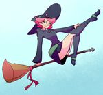  amanda_o'neill boots broom full_body green_eyes hat little_witch_academia little_witch_academia:the_enchanted_parade looking_at_viewer pink_hair santystuff short_hair simple_background smile solo teal_background witch witch_hat 