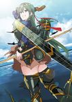  alternate_hair_length alternate_hairstyle boots bow_(weapon) cloud day earrings flight_deck green_hair grin hair_ribbon heart heart-shaped_lock heart_earrings heart_lock_(kantai_collection) highres jewelry kantai_collection lock_earrings long_hair muneate outdoors ribbon ruuto_(sorufu) skirt smile solo thigh_boots thighhighs weapon zuikaku_(kantai_collection) 