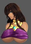  absurdres azir black_hair blue_eyes dark_skin gem genderswap genderswap_(mtf) gorget grey_background hair_over_one_eye highres league_of_legends long_hair looking_at_viewer nose ohkuu solo upper_body 