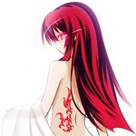  glowing glowing_eye lethe-shion long_hair looking_at_viewer looking_back nude original red_eyes red_hair simple_background solo white_background 