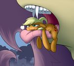  2015 applejack_(mlp) blonde_hair blush cutie_mark drooling duo earth_pony equine fangs female feral flutterbat_(mlp) fluttershy_(mlp) freckles friendship_is_magic green_eyes hair half-closed_eyes hi_res horse imminent_vore khorme long_hair lying macro mammal my_little_pony on_front outside pony saliva teeth tongue tongue_out vore 