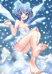  alternate_costume ass bare_shoulders barefoot blue_eyes blue_hair breasts cirno dress evil_smile fangs hair_ornament hair_ribbon highres ice ice_wings kamekichi_(kamekiti) looking_at_viewer looking_down nipples off_shoulder open_mouth ribbon short_hair sitting sleeveless small_breasts smile snowing solo touhou wings 