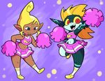  2girls blonde_hair blue_eyes cheerleader dark_skin female gradient gradient_background imp looking_at_viewer midna midriff multiple_girls navel open_mouth orange_hair pointy_ears red_eyes skirt tetra the_legend_of_zelda the_legend_of_zelda:_the_wind_waker wide_hips yellow_sclera 