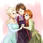 anna_(frozen) bad_id bad_pixiv_id braid elsa_(frozen) family frozen_(disney) girl_sandwich happy highres hug idunn_(frozen) interlocked_fingers maianh mother_and_daughter motherly multiple_girls sandwiched siblings sisters 
