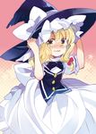  blonde_hair bow crying crying_with_eyes_open embarrassed hair_bow hands_on_headwear hat hat_tug holding kirisame_marisa long_hair solo suzune_yuuji tears touhou wavy_hair witch_hat yellow_eyes 