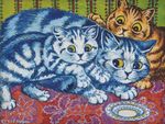  ambiguous_gender blue_fur blue_nose brown_fur cat feline feral fur group hand_on_back hi_res license_info looking_away louis_wain mammal on_hind_legs painting_(artwork) paws public_domain striped_fur stripes traditional_media_(artwork) whiskers white_fur yellow_eyes 