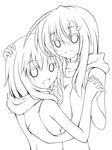  absurdres greyscale highres interlocked_fingers lethe-shion lineart long_hair looking_at_viewer monochrome multiple_girls original smile transparent_background 