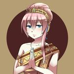  alternate_costume alternate_hairstyle blue_eyes breasts caffein crown hands_together headset indian_clothes long_hair looking_at_viewer medium_breasts megurine_luka pink_hair sari smile solo vocaloid 