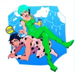  1girl black_hair blue_eyes chromatic_aberration drink foo_fighters green_eyes green_hair jojo_no_kimyou_na_bouken one_eye_closed overalls pointing rikiel short_hair stone_ocean yyy246 