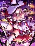  absurdres amethyst armor bare_shoulders boots breasts cleavage collar elbow_gloves fingerless_gloves gem gloves hair_over_one_eye hat highres knee_boots large_breasts long_hair looking_at_viewer navel original pumpkin purple_eyes short_shorts shorts sitting staff star thigh_strap thighhighs very_long_hair witch_hat yuuki_kira 