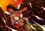 alternate_weapon arm_cannon black_panties bow breasts brown_hair brown_wings cape cleavage commentary curvy dark_skin embers fangs feathered_wings foreshortening green_skirt hair_bow highleg highleg_panties hygnir large_breasts long_hair long_skirt looking_up nose open_mouth orange_sky panties red_eyes reiuji_utsuho shirt_pull skirt skirt_pull sky slit_pupils solo space teeth thighs third_eye toned tongue touhou underwear very_long_hair weapon wings 