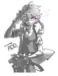 absurdres add_(elsword) bracelet character_name choker copyright_name cowboy_shot elsword evil_smile greyscale grin hand_on_own_head highres hood hoodie jewelry light_trail male_focus messy_hair monochrome power_symbol purple_eyes quai_(hbee) shirt smile solo spot_color symbol-shaped_pupils teeth tracer_(elsword) transparent_background 