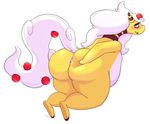  2015 ampharos anthro big_butt butt chubby female fluffy_tail fur hair looking_at_viewer looking_back mega_evolution nintendo pok&eacute;mon simple_background solo sweat video_games voluptuous white_hair wide_hips xingscourge yellow_fur 