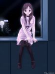  1girl artist_name brown_hair character_request city claret_(beniya) copyright_request dated long_hair pantyhose solo window 