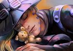  blonde_hair closed_eyes cowboy_hat facial_hair goggles goggles_on_headwear gyro_zeppeli hat higurehiiro jojo_no_kimyou_na_bouken male_focus sleeping solo steel_ball_run stuffed_animal stuffed_toy teddy_bear 