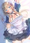  apron black_dress blonde_hair blue_eyes blush breasts colored_eyelashes dress large_breasts long_hair looking_at_viewer lying maid maid_apron maid_headdress on_back open_mouth original puffy_short_sleeves puffy_sleeves short_dress short_sleeves solo yu_yu 