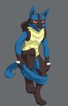  2014 ambiguous_gender anthro black_fur blue_fur canine clothed clothing fur half-dressed lucario mammal nameless00 nintendo pok&eacute;mon red_eyes shorts solo video_games yellow_fur 