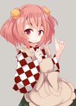  bad_id bad_pixiv_id bell beni_shake checkered checkered_clothing grey_background hair_bell hair_ornament japanese_clothes motoori_kosuzu red_eyes red_hair solo touhou two_side_up wide_sleeves 