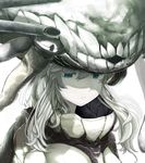  blue_eyes cannon close-up empty_eyes expressionless face hair_between_eyes headgear highres kantai_collection looking_down machinery muted_color pale_skin pen_(pixiv257621) portrait shinkaisei-kan solo teeth turret upper_body white_hair wo-class_aircraft_carrier 