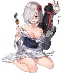  banned_artist blue_eyes breasts flower hamakaze_(kantai_collection) japanese_clothes kantai_collection kimono large_breasts lowres official_art paseri silver_hair smoke solo tears transparent_background yukata 