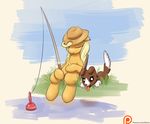  2015 alasou applejack_(mlp) blonde_hair canine cowboy_hat dog duo earth_pony equine eyes_closed female fishing fishing_pole friendship_is_magic hair hat horse mammal my_little_pony open_mouth patreon pony sitting tongue tongue_out winona_(mlp) 