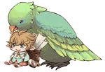  :d androgynous animal backpack bag bangs bird blue_eyes brown_footwear chibi compass granblue_fantasy hair_between_eyes harvin light_brown_hair long_sleeves nekoyama_rumisuke open_mouth orange_ribbon oversized_animal parrot pointy_ears ribbon scroll shoes short_hair shorts sierokarte simple_background sitting smile solo white_background 