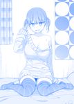  :d bangs blanket blue breasts cleavage collarbone commentary_request crumpled_paper curtains dress getsuyoubi_no_tawawa heavy_breathing himura_kiseki large_breasts looking_at_viewer monochrome no_bra no_shoes off_shoulder open_mouth paper short_hair short_twintails sitting sleeves_past_wrists smile solo striped striped_legwear sweater sweater_dress tareme taut_clothes thick_thighs thighhighs thighs twintails v wariza wide_hips zettai_ryouiki 