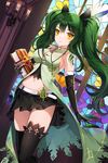  belt black_gloves black_legwear book candle candlelight elbow_gloves gloves green_hair hair_ribbon highres jewelry long_hair looking_at_viewer miniskirt navel necklace ribbon skirt solo sword_girls thighhighs twintails yellow_eyes yumaomi 