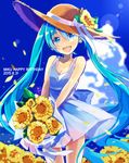  2015 :d absurdres aqua_eyes aqua_hair bouquet cloud dated day dress flower happy_birthday hat hatsune_miku highres long_hair looking_at_viewer nou open_mouth sky smile solo sun_hat twintails very_long_hair vocaloid 