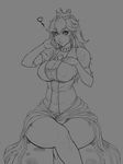  &lt;3 1girl artist_request blush breasts crown curvy dress elbow_gloves erect_nipples female gloves large_breasts legs_crossed lips long_hair looking_at_viewer mario_(series) monochrome parted_lips princess_peach puckered_lips sitting solo super_mario_bros. thick_thighs uthstar01 wide_hips 