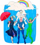  2boys blackmore catch_the_rainbow cloud foo_fighters green_hair hat jojo_no_kimyou_na_bouken multiple_boys overalls rainbow sky stand_(jojo) steel_ball_run stone_ocean umbrella weather_report weather_report_(stand) yyy246 