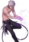  add_(elsword) belt black_footwear black_pants choker earrings elsword facial_mark grey_hair jewelry lunatic_psyker_(elsword) male_focus pants purple_eyes shirtless shoes solo tattoo terevi white_background wide-eyed 