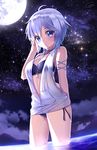  anastasia_(idolmaster) blue_eyes full_moon gendo0032 idolmaster idolmaster_cinderella_girls moon short_hair silver_hair sky solo star_(sky) starry_sky swimsuit swimsuit_under_clothes wading 