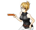  1girl alternate_costume alternate_hairstyle bare_shoulders belt blonde_hair book brown_eyes capcom eu03 female glasses gyakuten_saiban gyakuten_saiban_3 hair_up halterneck kamiya_kirio light_smile simple_background sleeveless sleeveless_turtleneck smile solo white_background 