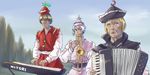  3boys accordion blonde_hair brown_hair genderswap hat instrument keyboard_(instrument) lunasa_prismriver lyrica_prismriver merlin_prismriver multiple_boys nature parody serbia short_hair siblings sky touhou trumpet white_hair 