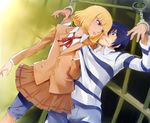  1girl bangs blonde_hair blue_eyes blunt_bangs brown_eyes cuffs fujino_kiyoshi handcuffs midorikawa_hana miyo_(13th_floor) prison_clothes prison_school shorts shorts_under_skirt skirt 