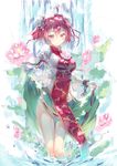  ahoge bandages china_dress chinese_clothes domotolain double_bun dress dress_lift flower ibaraki_kasen petals pink_eyes pink_hair short_hair solo touhou wading water 