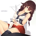  braid breasts brown_hair gloves green_eyes kantai_collection long_hair medium_breasts noshiro_(kantai_collection) one_eye_closed school_uniform solo sts twitter_username 