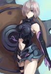  armor bare_shoulders black_armor breasts elbow_gloves fate/grand_order fate_(series) gloves hair_over_one_eye highres mash_kyrielight medium_breasts navel purple_eyes shield shizukublue short_hair silver_hair solo 