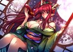  absurdres bare_shoulders breasts cleavage cup earrings floral_print full_moon hair_ornament highres horn_ornament horns japanese_clothes jewelry kimono large_breasts long_hair moon obi original ouma_tokiichi pointy_ears purple_eyes red_hair sakazuki sash side_ponytail sky sliding_doors smile solo spilling star_(sky) starry_sky 