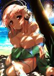  bare_shoulders beach bikini blush breast_hold breasts cleavage collarbone day headphones large_breasts looking_at_viewer nitroplus ocean ouma_tokiichi outdoors palm_tree pink_eyes pink_hair short_hair smile solo sunlight super_sonico swimsuit tree under_tree untied untied_bikini 