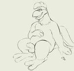  2015 anthro avian balls barefoot bird chicken compfive digital_drawing_(artwork) digital_media_(artwork) foghorn_leghorn greyscale half-erect humanoid_penis looking_at_viewer looney_tunes male monochrome nude open_mouth partially_retracted_foreskin penis signature sitting uncut warner_brothers 
