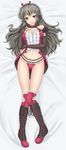  1girl 1mm bare_shoulders boots dakimakura fang female fishnets flower frilled_legwear frilled_panties frills grey_hair hairband long_hair looking_at_viewer lying midriff navel open_mouth panties pink_eyes pink_panties ring_dream rose smile solo thighhighs underwear vampire_suzumori 