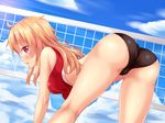  artist_self-insert ass bent_over bikini blonde_hair blush cloud cloudy_sky day fast-runner-2024 from_behind highres long_hair looking_at_viewer looking_back original pink_eyes sky solo sports_bikini sportswear swimsuit tiffy trefoil volleyball volleyball_uniform 