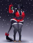  anthro big_breasts bovine breasts clothed clothing curvaceous female fishnet hair horn legwear mammal mistletoe plant revadiehard solo standing thick_thighs thigh_highs wide_hips 