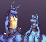  anthro anthrofied balls black_fur blue_fur canine clothing eye_contact fur larger_male lucario male male/male mammal nintendo pants pants_down pok&eacute;mon red_eyes riolu sheath simple_background size_difference smaller_male spike the_secret_cave undressing video_games wide_hips yellow_fur 