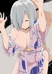  1girl against_wall blush breasts closed_eyes commentary_request hair_ornament hair_over_one_eye hairclip hamakaze_(kantai_collection) hetero japanese_clothes kantai_collection kichihachi kimono large_breasts sex short_hair silver_hair solo_focus tears yukata 