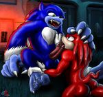  balls blue_eyes cum fangs green_eyes knuckles_the_echidna male modem_redpill oral penis roman_numerals sonic_(series) sonic_the_hedgehog sweat werehog 