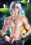  1boy abs aqua_eyes erection jewelry kingdom_hearts male_focus navel pendant penis riku sakimichan silver_hair solo uncensored upper_body watermark 