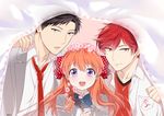  2boys bad_id bad_pixiv_id black_hair bow cherry_blossoms gekkan_shoujo_nozaki-kun hair_bow highres long_hair mery_(apfl0515) mikoshiba_mikoto multiple_boys nozaki_umetarou orange_hair polka_dot polka_dot_bow purple_eyes red_eyes red_hair rouman_academy_uniform sakura_chiyo school_uniform short_hair smile 